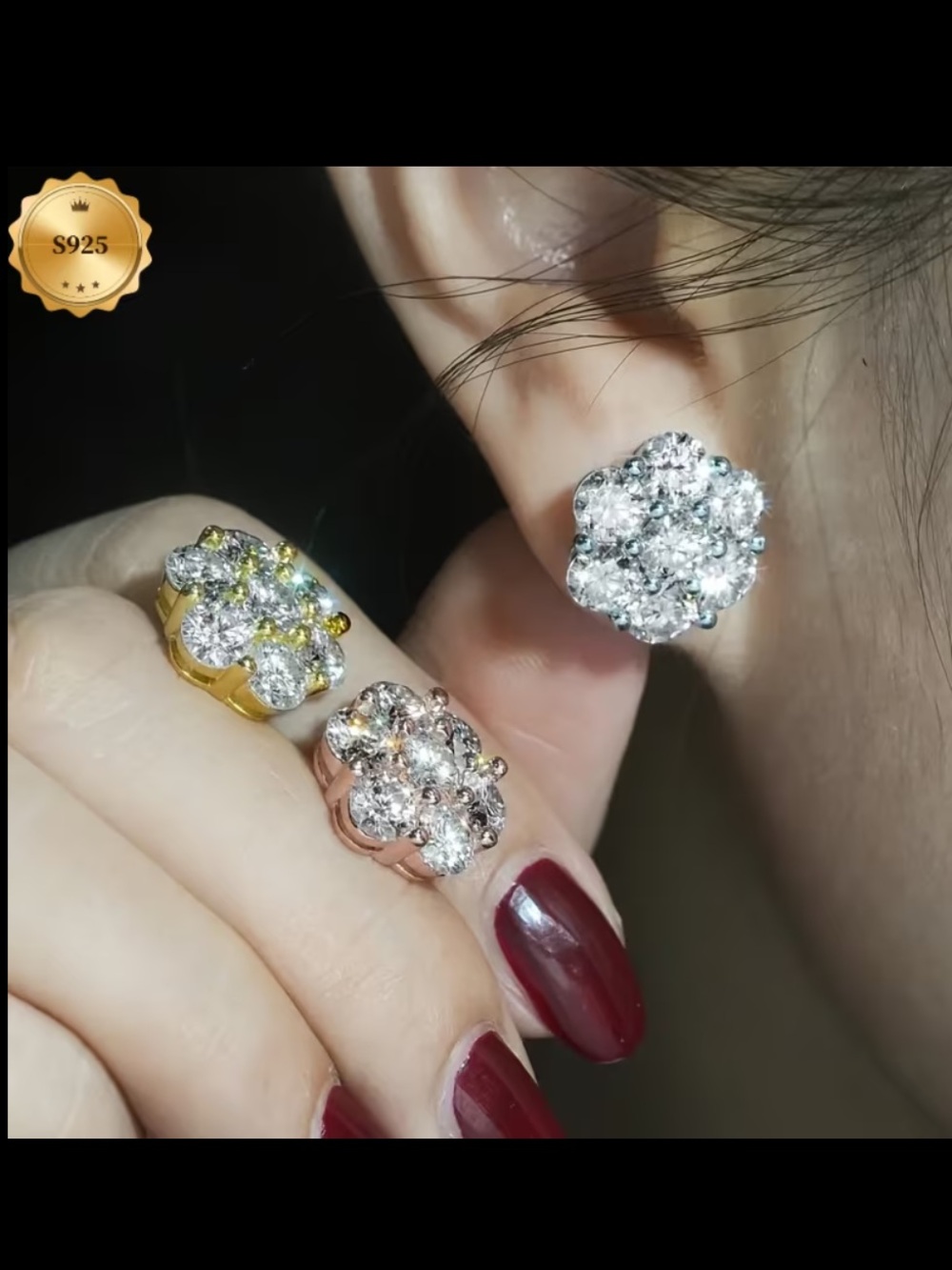 925 silver moissanite cluster Stud Earrings - silver or yellow or rose gold NEW